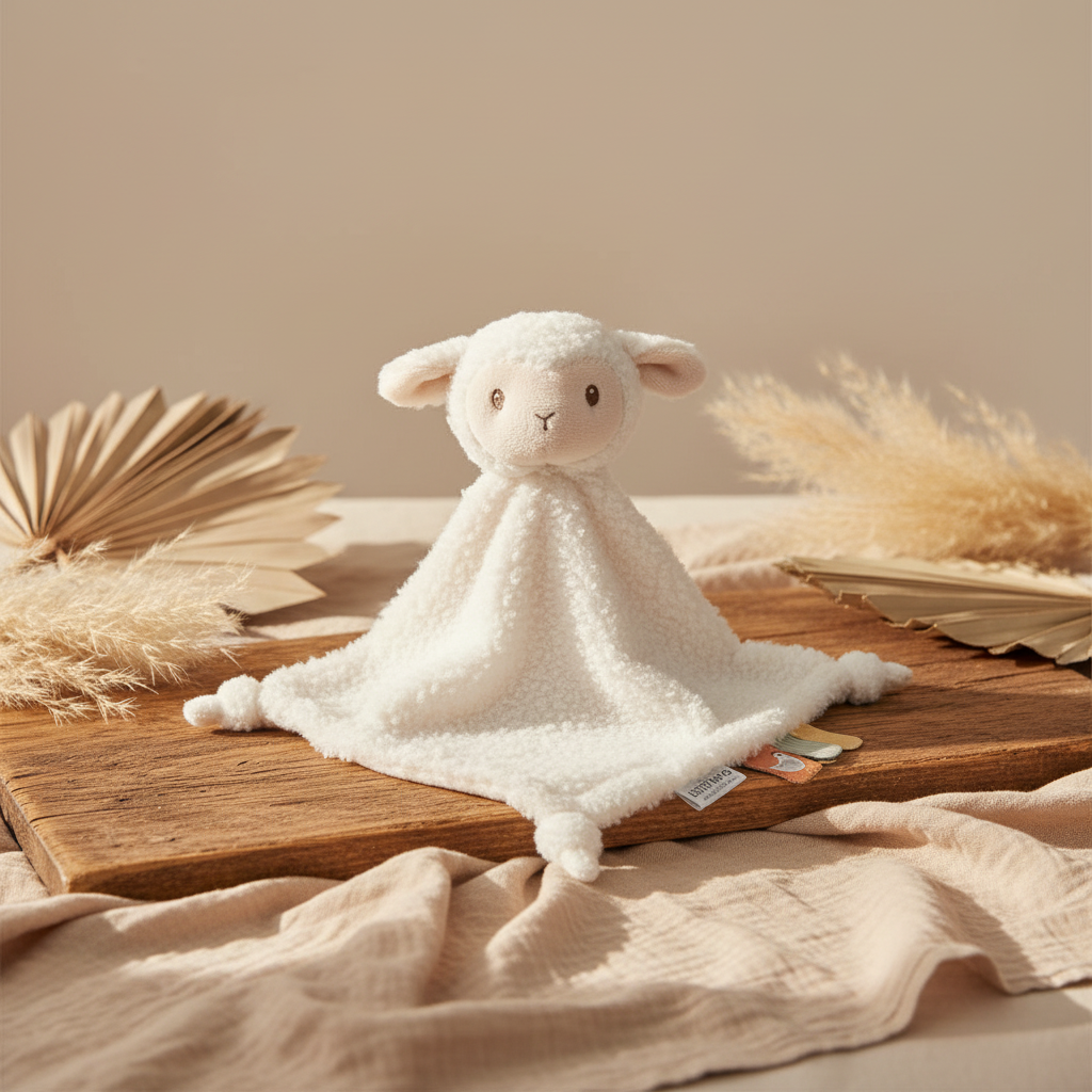 Kuscheliges Schnuffeltuch Schaf für Babys auf Holzuntergrund mit weichem Stoff, ideal als Schmusetuch, Einschlafhilfe und liebevoller Begleiter im Babyalltag