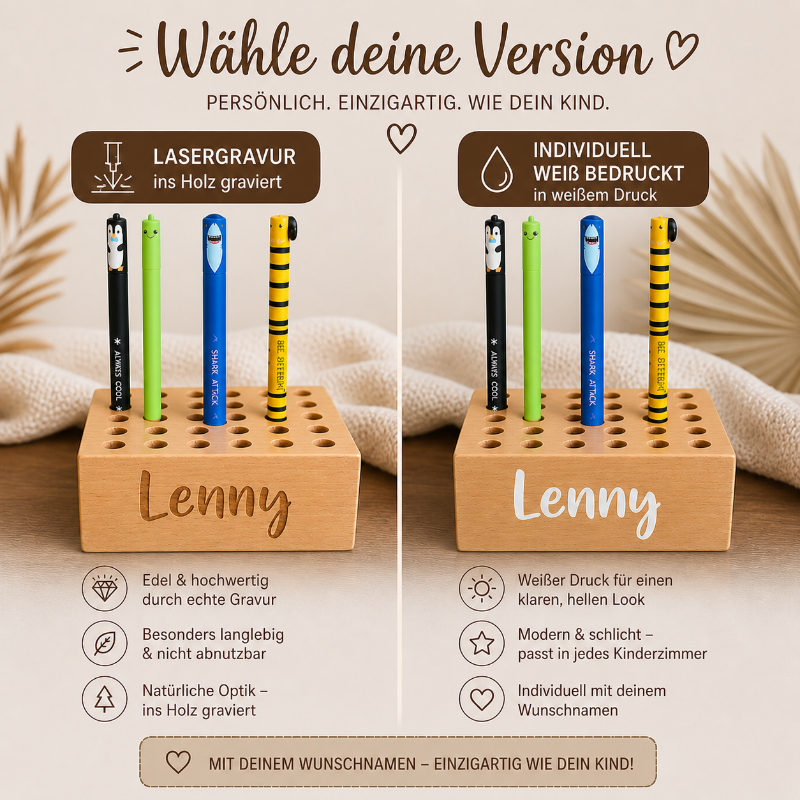 Vergleich personalisierter Stiftehalter aus Holz – Lasergravur oder weißer Druck mit Name, zwei Varianten für Kinder Geschenk zur Einschulung