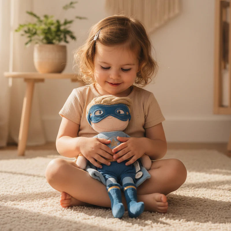 Kind sitzt auf Teppich und kuschelt blaue Superhelden-Kuschelpuppe im Kinderzimmer