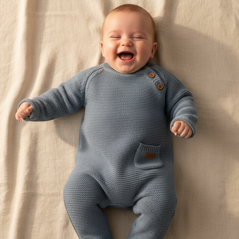 Weicher Strickstrampler in Blau fuer Babys mit hohem Tragekomfort, ideal fuer Alltag, Ausfluege und besondere Momente