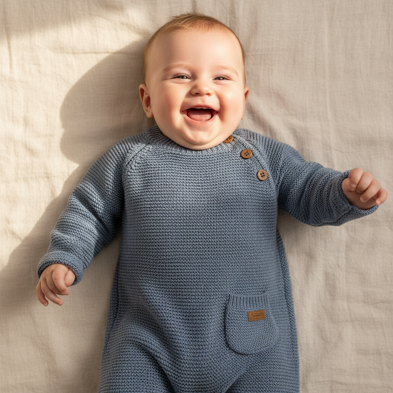 Weicher Strickstrampler in Blau fuer Babys aus hochwertiger Baumwolle mit hohem Tragekomfort, ideal fuer Alltag, Ausfluege und besondere Momente