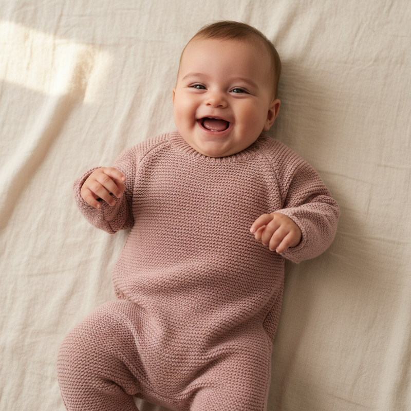 Weicher Strickstrampler in Pink fuer Babys aus hochwertiger Baumwolle mit hohem Tragekomfort, ideal fuer Alltag, Ausfluege und besondere Momente