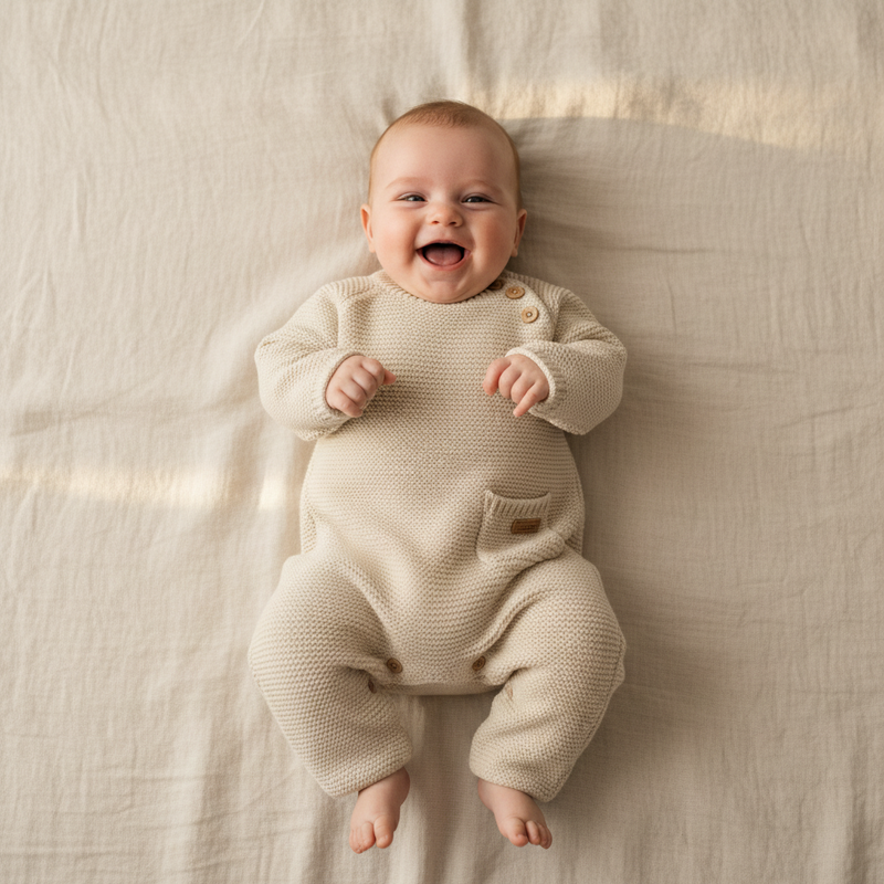 Weicher Strickstrampler in Sand fuer Babys mit hohem Tragekomfort, ideal fuer Alltag, Ausfluege und besondere Momente