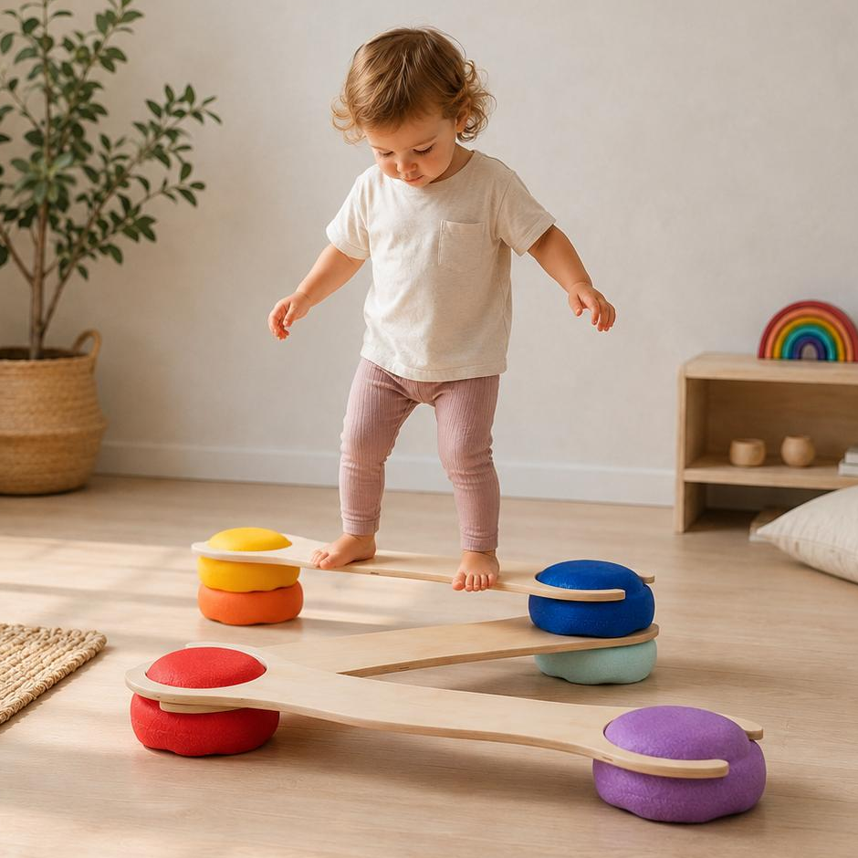 Kind balanciert auf einem Balance Board Set zur Förderung von Gleichgewicht, Motorik und Körperkoordination. Vielseitiges Bewegungsspielzeug für Kinder, kompatibel mit Stapelsteinen und ideal für aktives Lernen, Spielen und die sensorische Entwicklung.