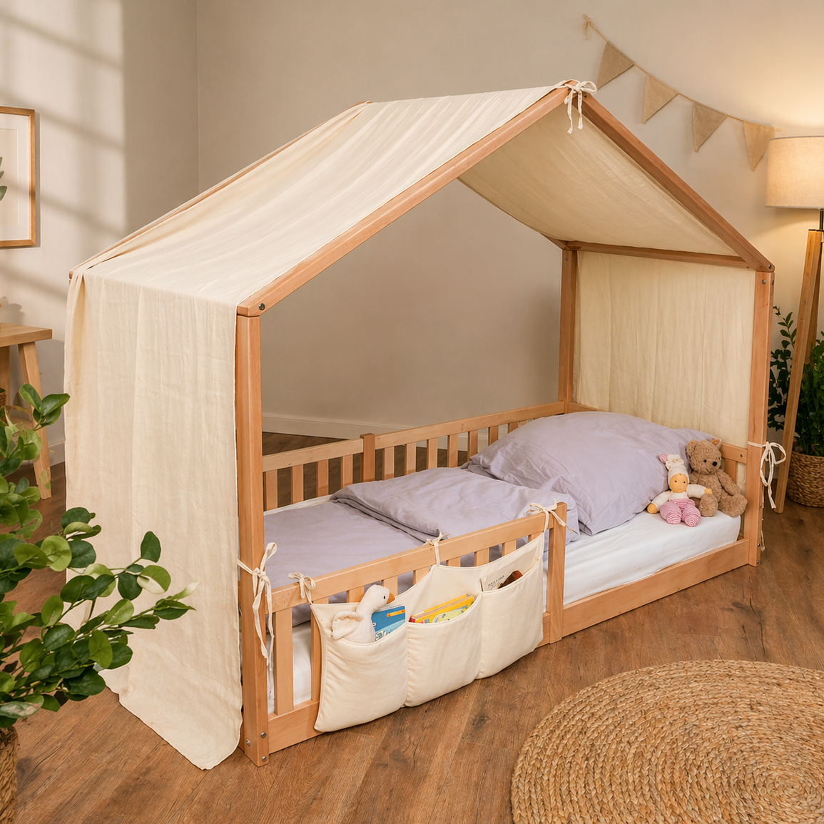 tiSsi Musselin Stoffdach in Creme auf Hausbett aus Naturholz mit wohnlichem Kinderzimmerhintergrund