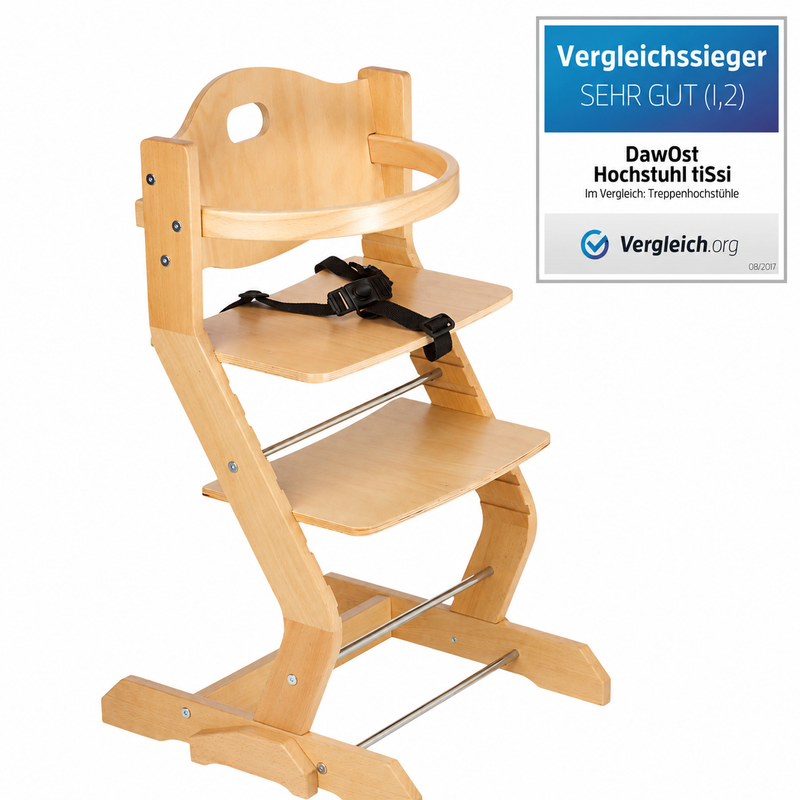 tiSsi Treppenhochstuhl Natur mit Esstisch und Sicherheitsgurt für Babys und Kleinkinder