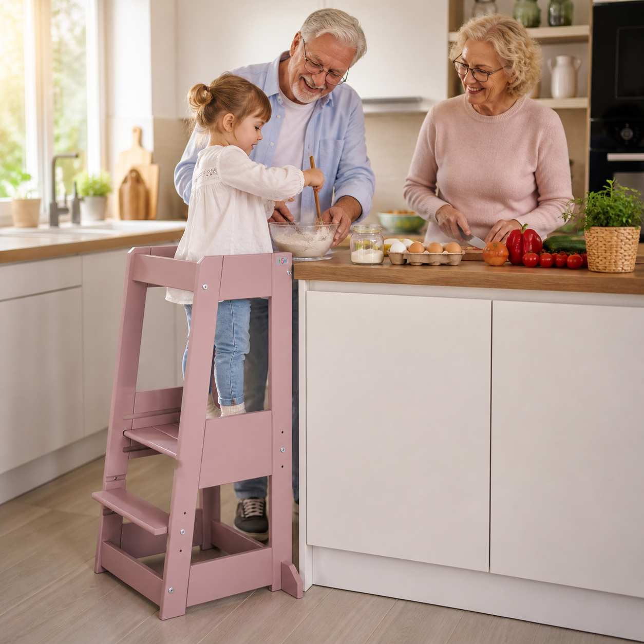 Kind steht im tiSsi Lernturm Felix in Oriental Rose und hilft gemeinsam mit den Großeltern in einer hellen Familienküche beim Backen