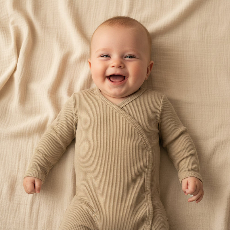 Weicher Wickelstrampler in Oliv fuer Neugeborene und Babys aus hautfreundlichem Material mit praktischer Wickeloeffnung und hohem Tragekomfort