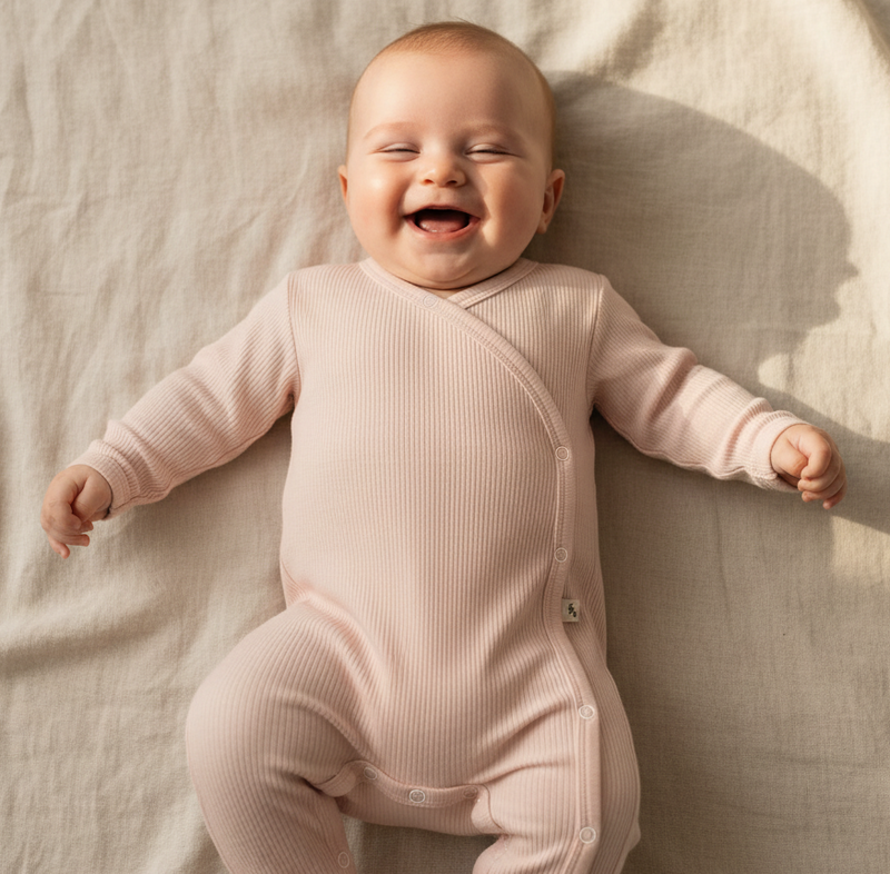 Weicher Wickelstrampler in Rosa fuer Neugeborene und Babys aus hautfreundlichem Material mit praktischer Wickeloeffnung und hohem Tragekomfort
